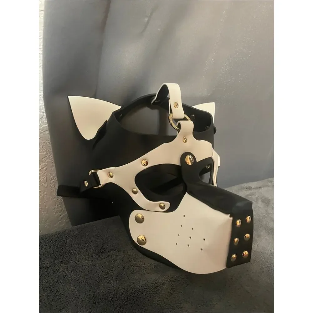 Black & White Leather Dog Mask Harness Muzzle with Gold Studs NWOT